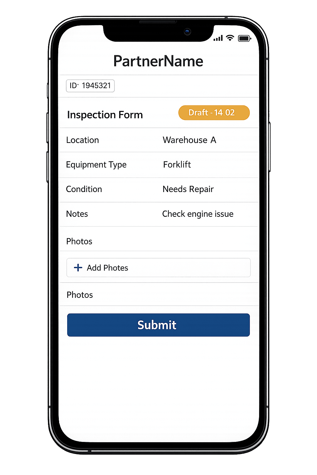 A smartphone mockup showing a partner-branded inspection form titled 'PartnerName', with a brass 'Draft · 14:02' status pill and a Survey Blue Submit button.