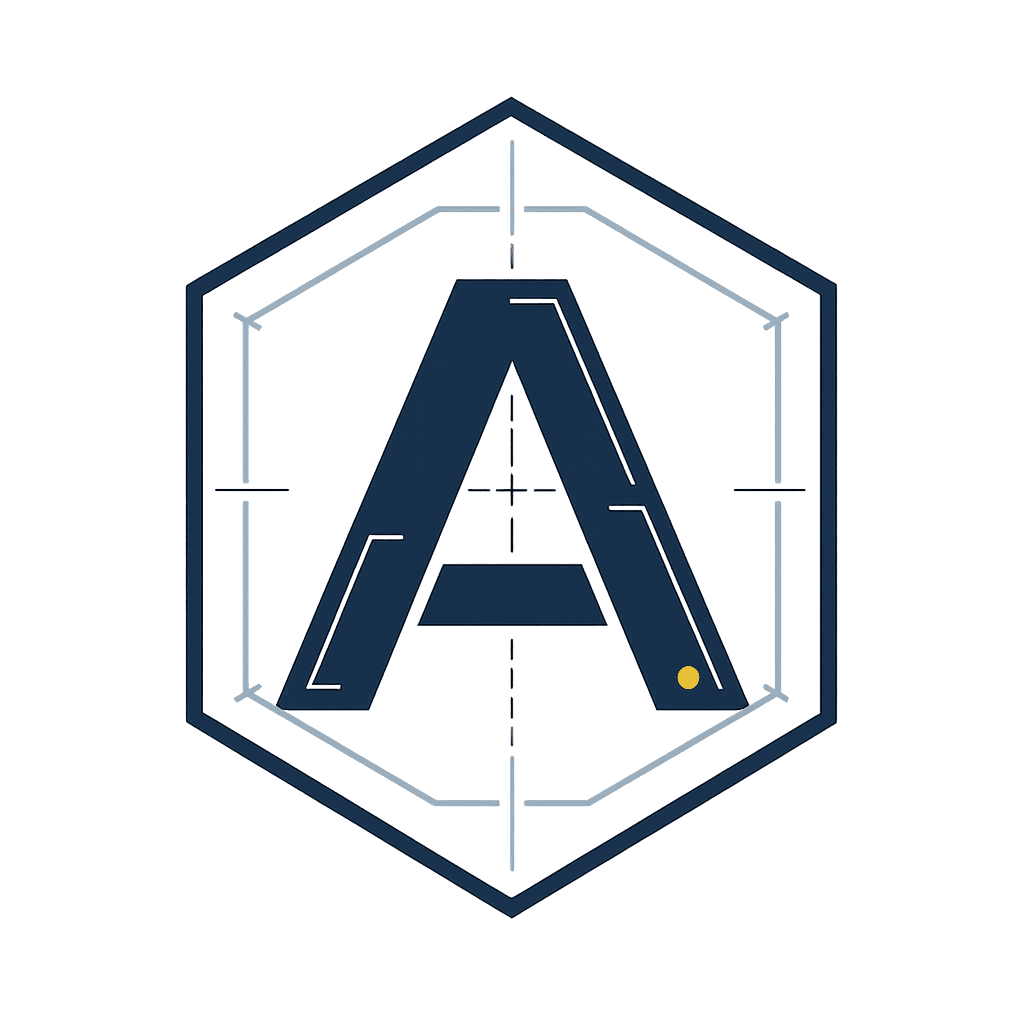 Stylized capital 'A' inside a hexagon with thin technical-drawing detail strokes and a brass status pin — Atlas Fleet Audit monogram.